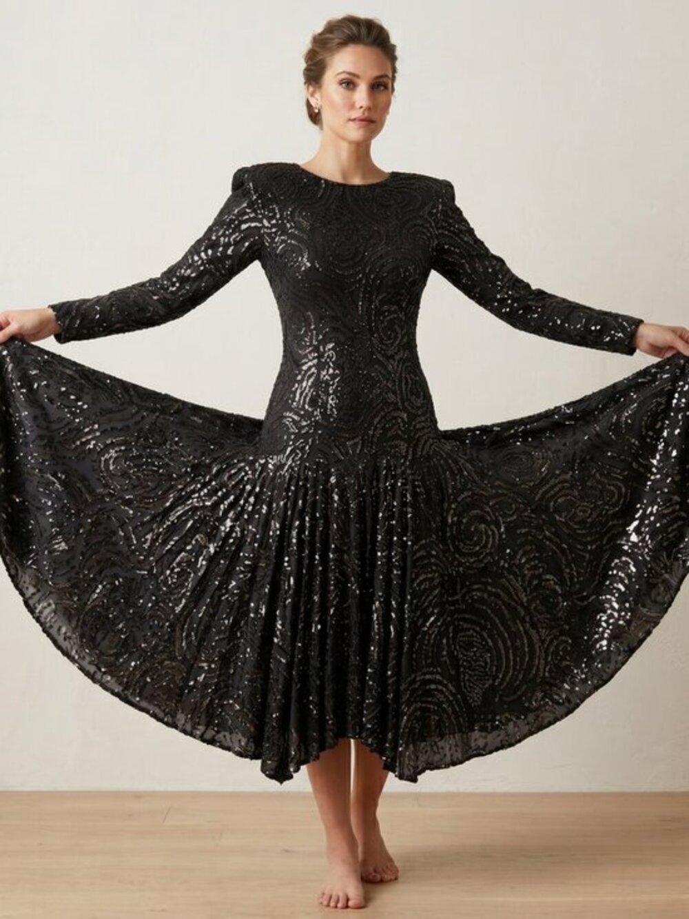 Pamela Dennis, New York, black glitter evening gown medium